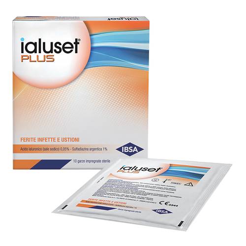 GARZA IALUSET PLUS IMPREGNATA DI CREMA DI ACIDO IALURONICO 0,05%, DI SULFADIAZINA ARGENTICA 1%, MACROGOL, GLICEROLO E ACQUA 10 X 10 CM 10 PEZZI - Farmaunclick.it