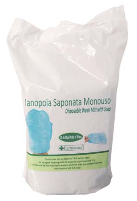 MANOPOLA MONOUSO PER LAVAGGI PARZIALI COMPOSTA DA UNA SPUGNA IN POLIESTERE SAPONATA E DA UN DRAPPO IN TESSUTO NON TESSUTO SENZA RISCIACQUO DETERGENTE A PH ISOCUTANEO - Farmaunclick.it
