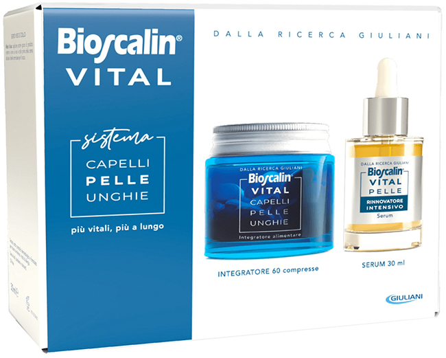 BIOSCALIN VITAL SISTEMA CAPELLI PELLE & UNGHIE BIOSCALIN CAPELLI PELLE & UNGHIE 60 COMPRESSE + SIERO RIGENERANTE VISO 30 ML - Farmaunclick.it
