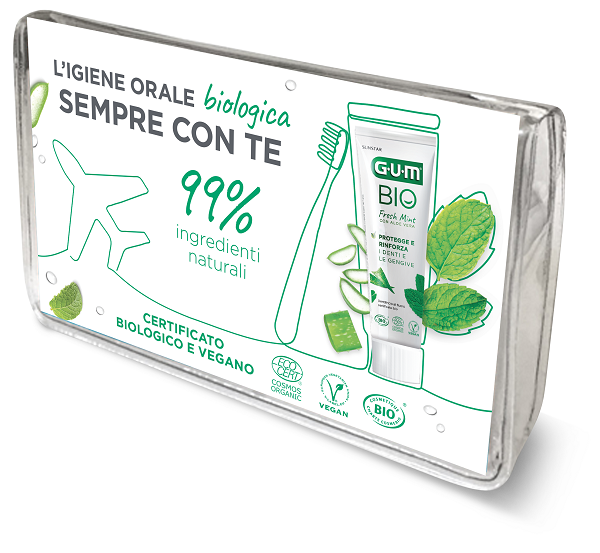 GUM TRAVEL KIT BIO 1 SPAZZOLINO + 1 DENTIFRICIO +  1 SCOVOLINO INTERDENTALE - Farmaunclick.it